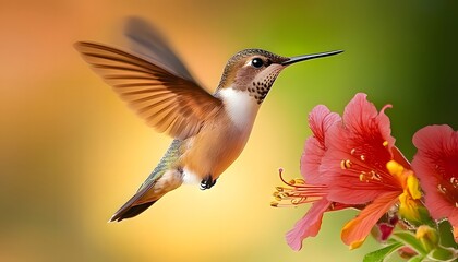 Fototapeta premium A vibrant hummingbird hovers near a pink flower, its wings a blur of motion. The bird's iridescent feathers shimmer in the sunlight, creating a stunning visual display.