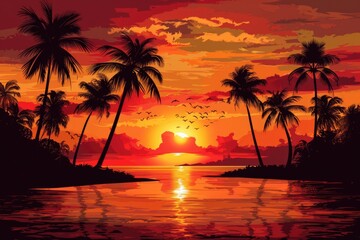 Tropical Island Silhouette. Palms at Sunset on Beach Landscape