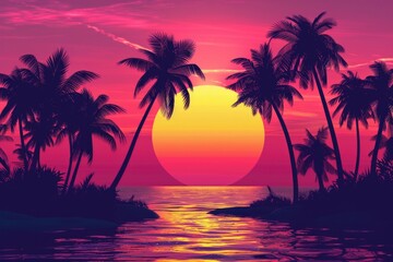 Tropical Island Silhouette. Fantastic Sunset with Palm Trees on Serene Beach