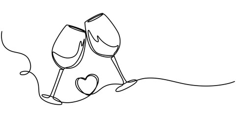 Continuous one line drawing of two glasses of champagne. Minimalist linear concept of celebrate and cheering. Editable stroke Vector illustration, Continuous Line Drawing of Champagne Glasses Black 