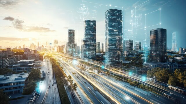 A modern cityscape at sunset with a futuristic overlay of digital data, representing the intersection of technology and urban life.