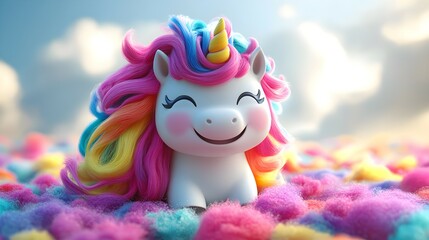 3D illustration CUTE of a happy unicorn with a very colorful mane. Concept of happiness, recklessness. 3D render character cartoon style Isolated