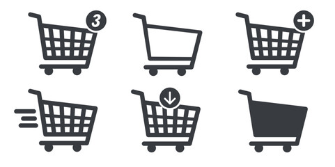 Set of shopping cart icons showing actions like add, remove, checkout, and notifications.