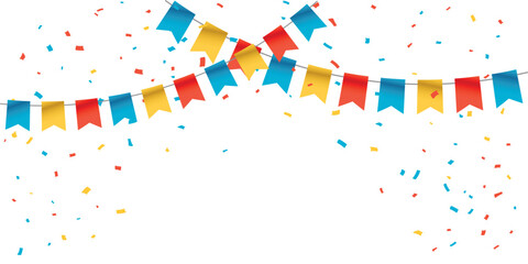 Obraz premium Colorful bunting flags and falling confetti on a white background