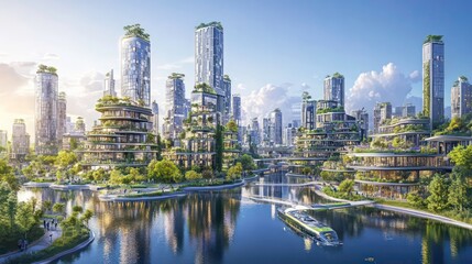 Obraz premium A futuristic city with green spaces and a river running through it, with a boat on the water.