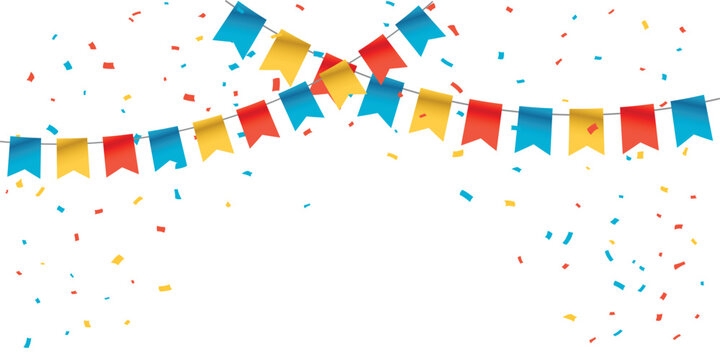 Colorful bunting flags and falling confetti on a white background