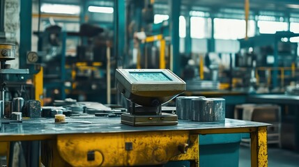 A heavy-duty industrial scale in a factory setting, used to weigh raw materials for manufacturing, emphasizing durability and reliability