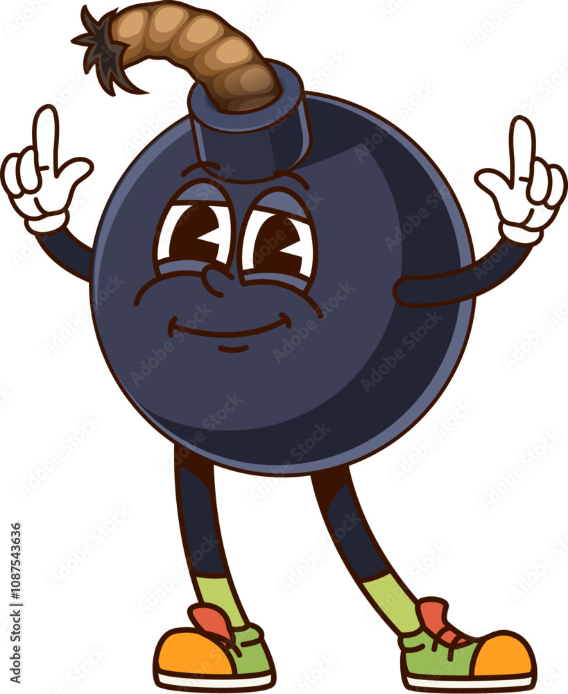 Poster cartoon bomb with wick groovy funny character. bomb or explosive funny mascot, dynamite happy isolat