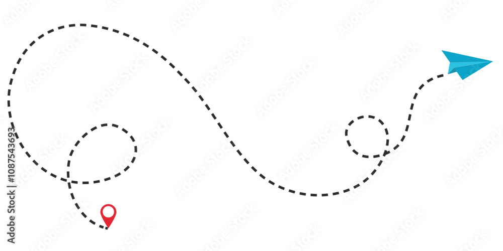 Poster dotted line flight path with a paper plane and location pin.