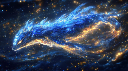 A mystical blue dragon with sparkling details swims through a cosmic landscape filled with stars and glowing elements at night. Generative AI