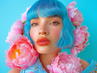 Naklejka premium A portrait of a woman with blue hair surrounded by pink flowers on a bright blue background. Vibrant and stylish fashion concept with floral accents.
