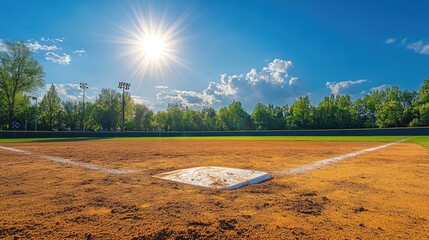 Empty baseball field with freshly raked dirt, clear white bases, and a mound under a sunny blue sky.