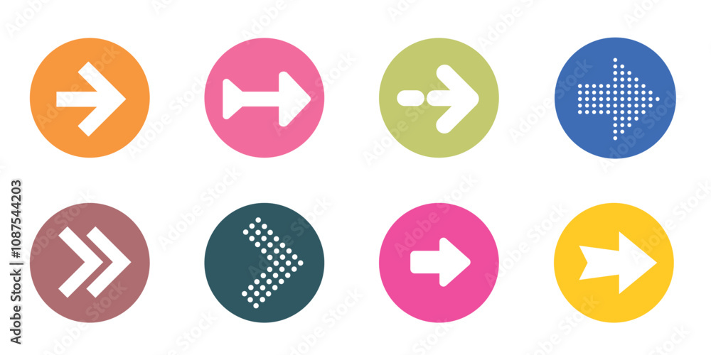 Poster set of colorful arrow icons in round shapes.