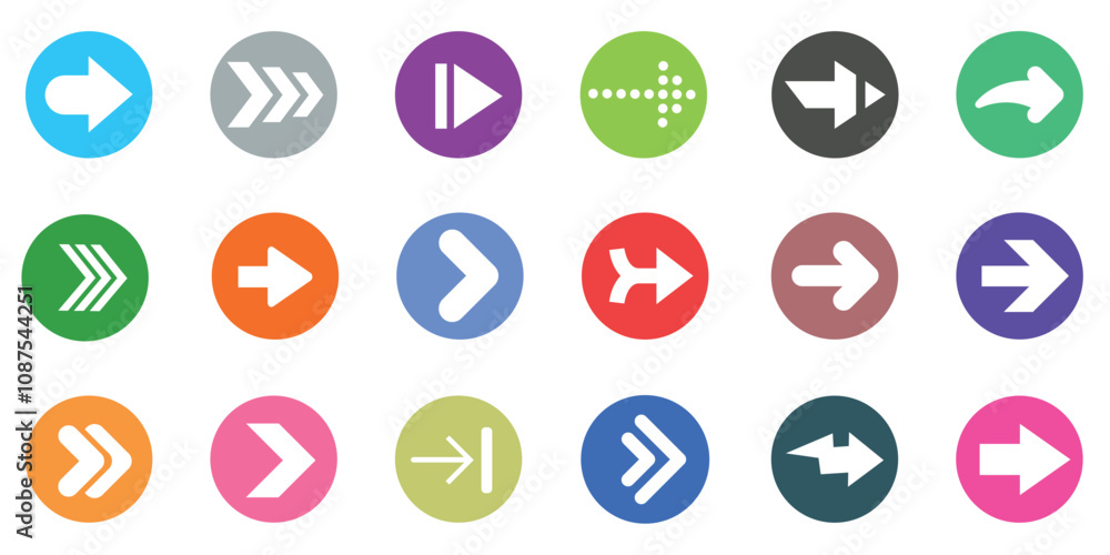 Poster collection of diverse arrow icons in circular shapes with various colors and styles.