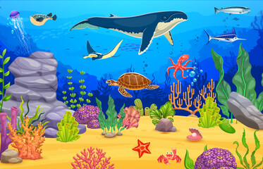 Naklejka premium Cartoon sea animals at underwater landscape. Vector marine scene with giant whale and manta ray, octopus, jellyfish, turtle and fish swimming among vibrant coral reefs, rocks and plants on ocean floor