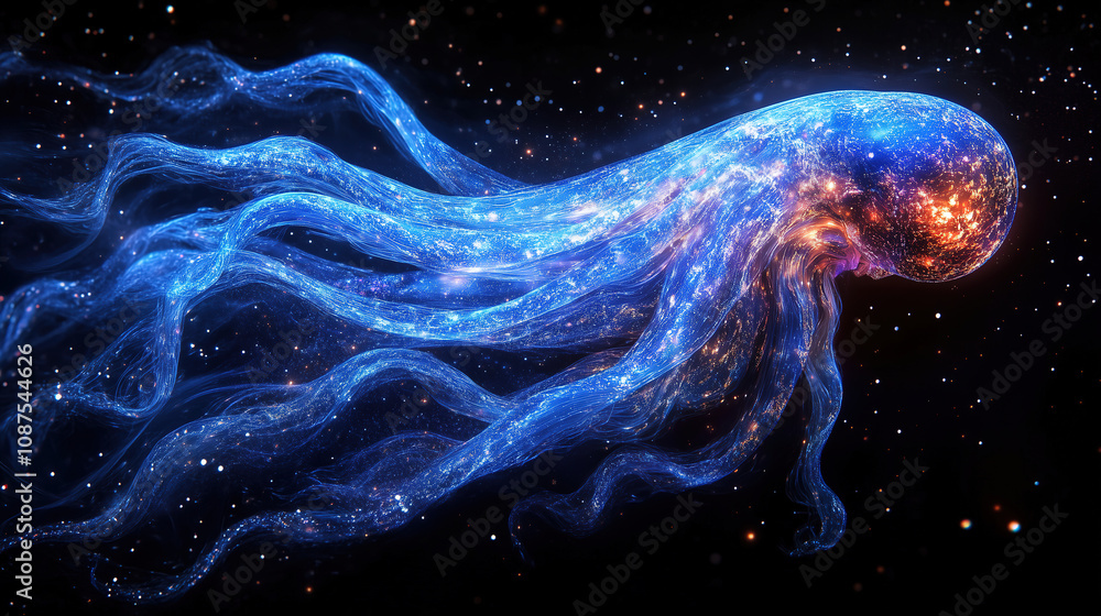 Poster A glowing jellyfish swims through a starry cosmic ocean surrounded by colorful nebulae and distant galaxies in deep space. Generative AI