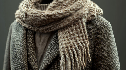 The textures of the coat and scarf are highlighted, showcasing their warmth and quality.