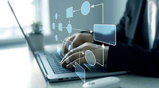 Scheme hierarchy management of corporate. Digital technology of business process and workflow automation with flowchart and processing management.	