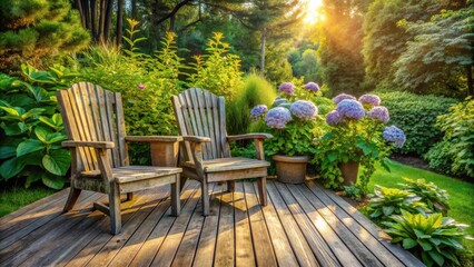 Obraz premium Two weathered wooden chairs sit on a deck overlooking a lush green garden bathed in the golden light of the setting sun, creating a peaceful and inviting atmosphere.