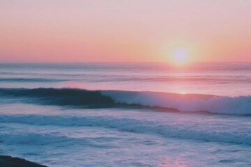 Fototapeta premium The sun sets on the horizon, casting a warm glow over the calm ocean waves and creating a tranquil atmosphere. Generative AI