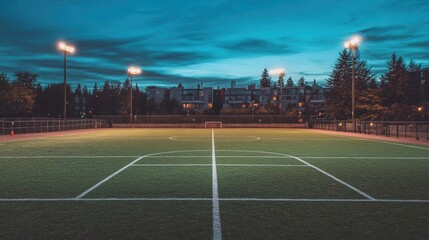 Empty football stadium at twilight, illuminated by a few soft lights, creating a serene and quiet atmosphere.
