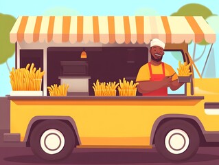 Middle age African street food vendor cooking and serving French fries from a food truck. Small business concept