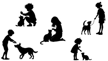 Stylish silhouette set of kids playing with pets