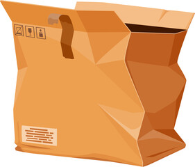 Damaged crumpled box or crushed ripped cargo parcel of broken delivery cardboard package, vector icon. Open carton box with crumpled and ripped sides for delivery or transportation and storage damage
