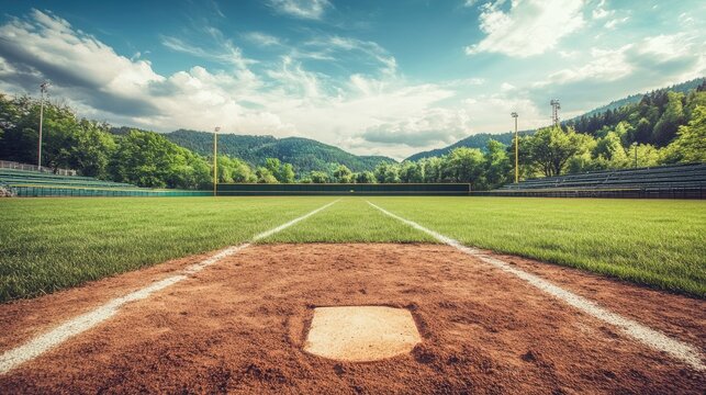 Empty high school baseball field with freshly painted lines, empty bleachers, and green grass.