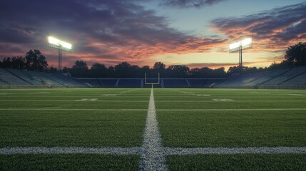 Obraz premium Empty stadium at sunset, a peaceful quiet over the field, with stadium lights adding warmth to the evening scene.