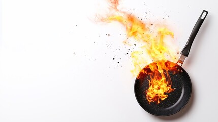 Frying pan with fire, cooking food.