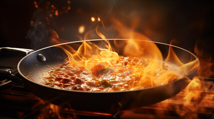 Frying pan with fire, cooking food.
