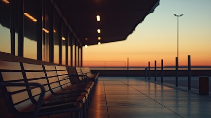 Empty stadium at dusk, lights casting subtle shadows across the quiet seating areas, with a soft orange horizon.