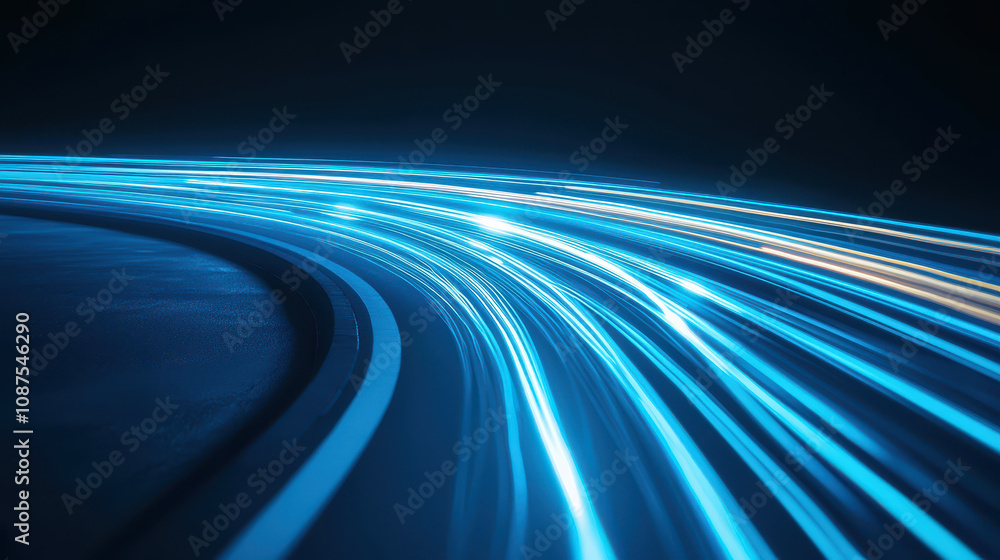 Poster abstract motion trails of blue light on a dark background, creating a dynamic and energetic atmosphe