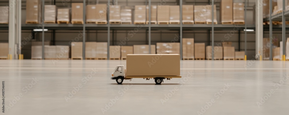 Poster a cart with a large cardboard box rolls across a spacious warehouse floor, surrounded by stacked box