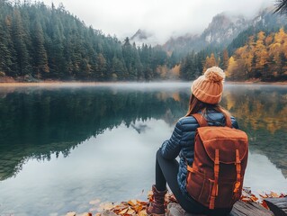 Young female tourist relaxing and enjoying at beautiful autumn scenery landscape at mirror lake in jiuzhaigou national park