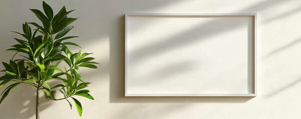 A minimalist setting featuring a blank frame on a wall next to a leafy plant, illuminated by natural light, creating a serene atmosphere.