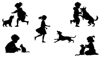 Stylish silhouette set of kids playing with pets