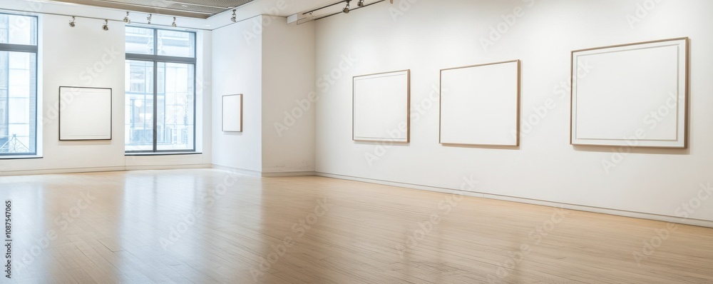 Poster a modern art gallery featuring empty frames on a white wall with natural light streaming through lar