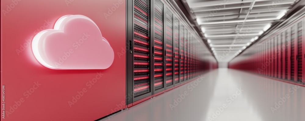 Poster a modern data center corridor featuring red walls and servers, with a glowing cloud symbol, represen