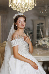 Fototapeta premium A woman in a wedding dress is posing for a picture. She is wearing a tiara and a veil
