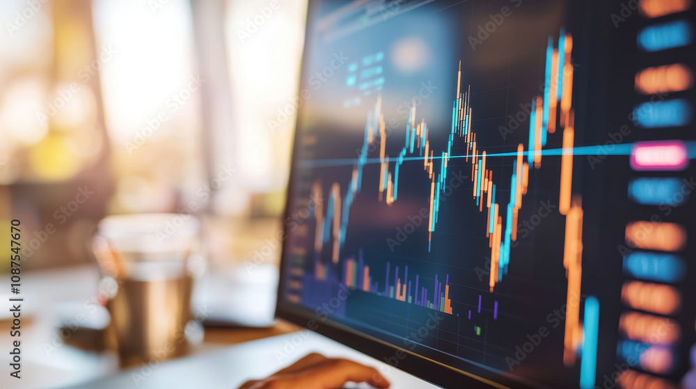Poster close-up of a hand analyzing stock market trends on a computer screen displaying vibrant charts and 