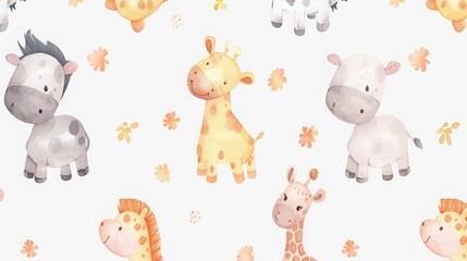 Fototapeta premium seamless pattern with watercolor cute animals cartoon drawing kids pattern