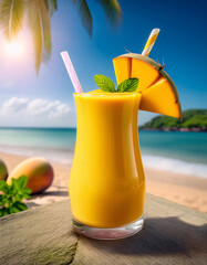 Obraz premium A refreshing mango smoothie on a beachside table with a palm tree and ocean view