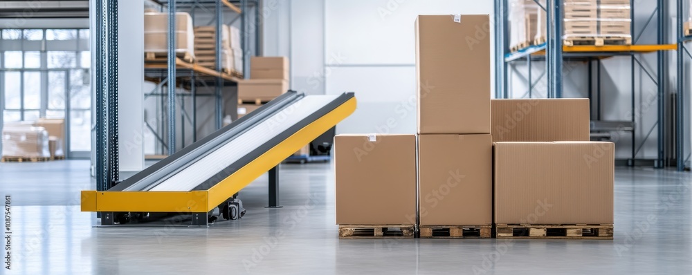 Poster a modern warehouse interior featuring stacked cardboard boxes on pallets and a loading ramp for effi