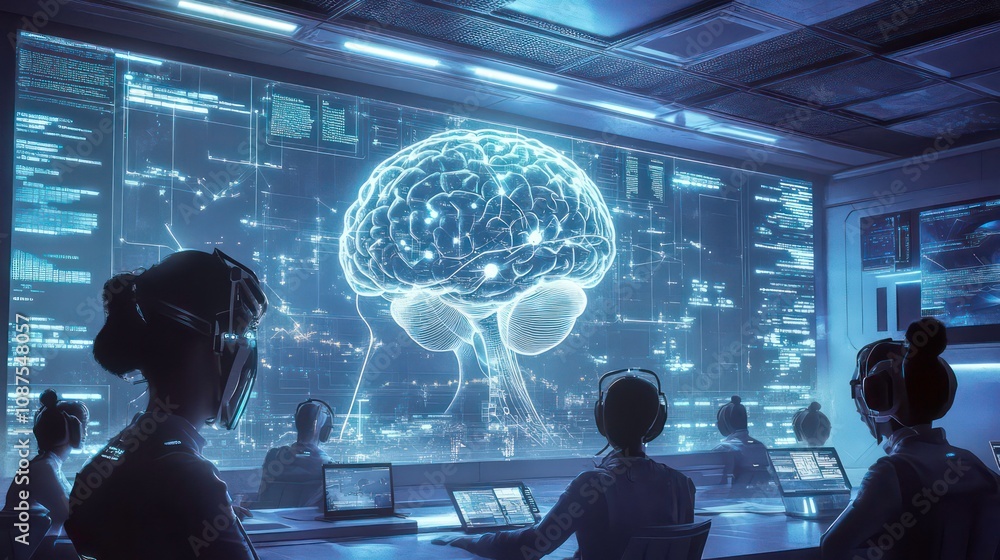 Poster a group of people wearing headsets and looking at a large screen showing a digital brain with neural
