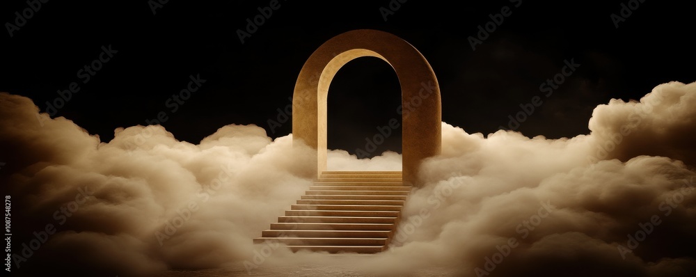 Poster a mystical archway leads to a staircase ascending through soft clouds, creating a dreamlike atmosphe