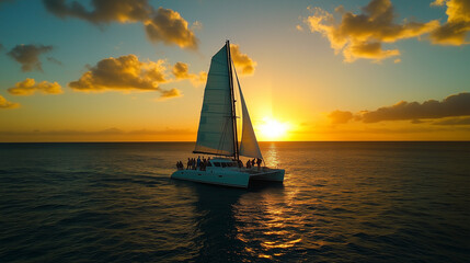 Friends on catamaran enjoying sunset on the ocean