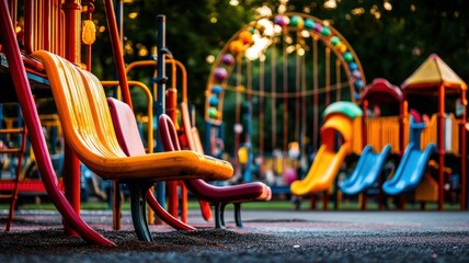 A vibrant playground featuring colorful slides and equipment, inviting children to play amidst a sunny and cheerful atmosphere.