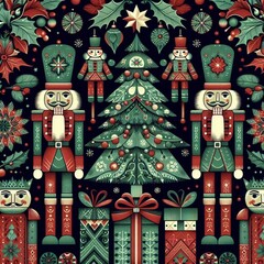 Obraz premium vintage boho illustration of cute nutcracker soldier , near christmas tree and gift boxes